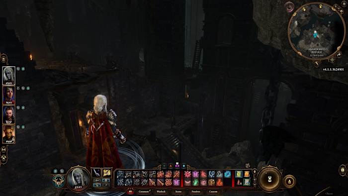 Baldur's Gate 3 character looking down onto a dark fortress from a high vantage point.
